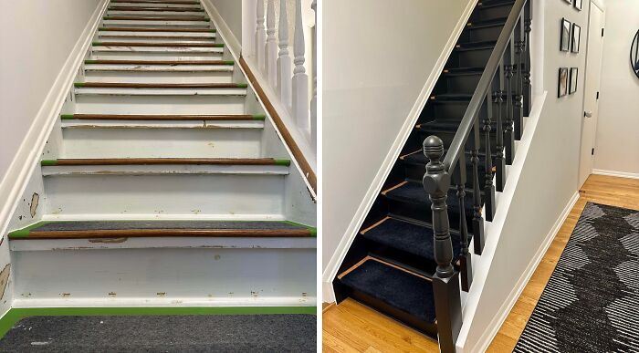 Dramatic before-and-after DIY home project of a staircase transformation with new dark banisters and carpet runners.