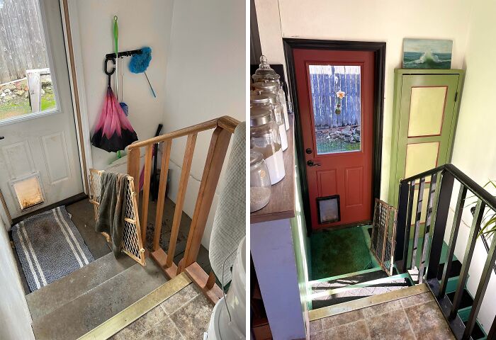 Before-and-after of a DIY home project transforming a cluttered entry staircase into a stylish, organized space.