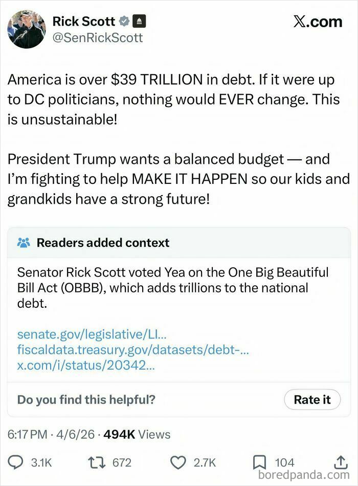 Rick Scott's tweet about national debt fact-checked for voting for a bill that added trillions, showing people who got fact-checked.