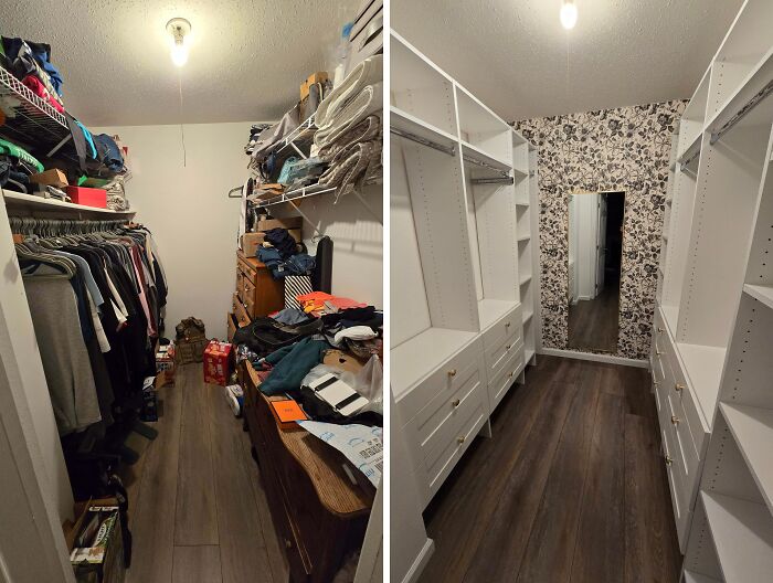 Before and after a DIY home project transforming a cluttered walk-in closet into an organized, elegant space.