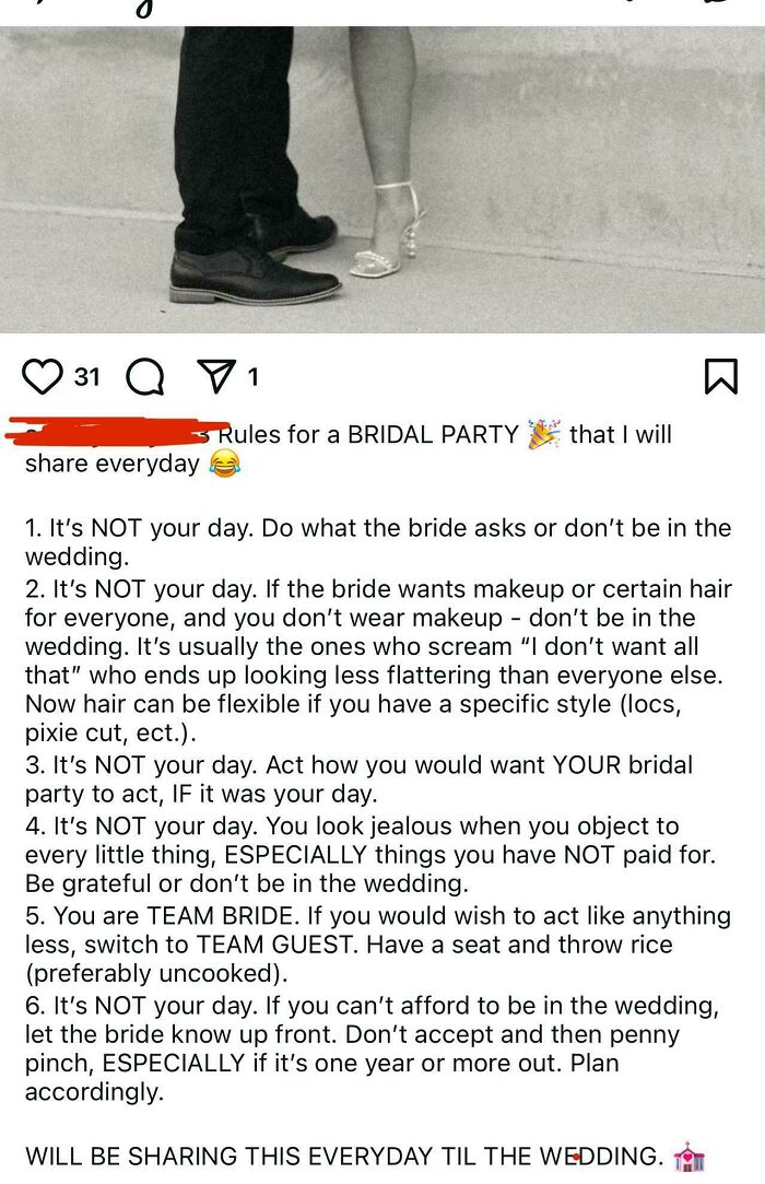 A list of rules for a bridal party, detailing how guests should behave on the wedding day.