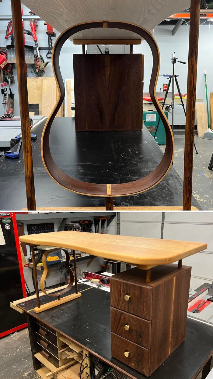 A DIY home project showing a custom wooden desk with a guitar-shaped leg, demonstrating creative space transformation.