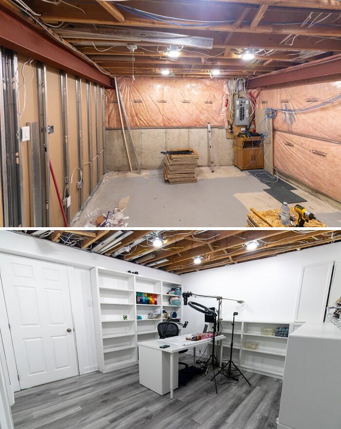 Before and after DIY home project of a basement, transformed from an unfinished space to a bright, organized studio with white shelves.