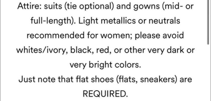 Close-up of wedding day attire rules, specifying dress code including suits, gowns, and required flat shoes for brides guests.
