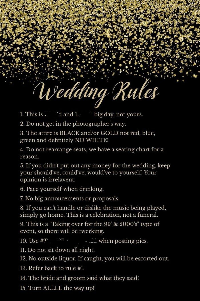 A list of strict wedding day rules on a black and gold glitter background, detailing expectations for brides guests.