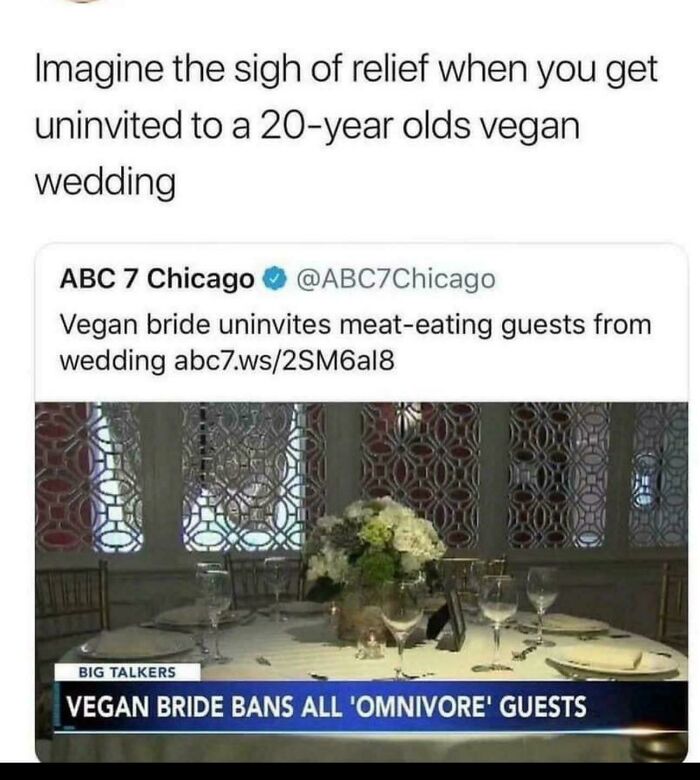 A screenshot of a news article about a vegan bride banning 'omnivore' guests from her wedding day.