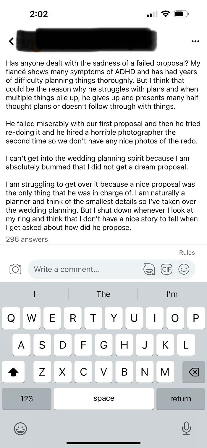 A screenshot of a post about a failed proposal and the bride's disappointment, affecting her wedding day planning.
