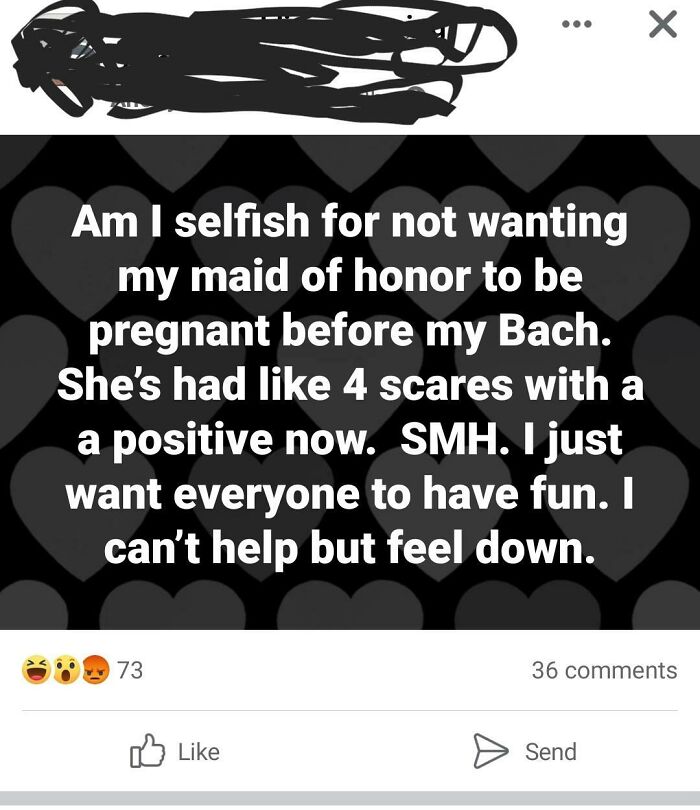 A screenshot of a post where someone asks if they are selfish for not wanting their maid of honor to be pregnant before their wedding.