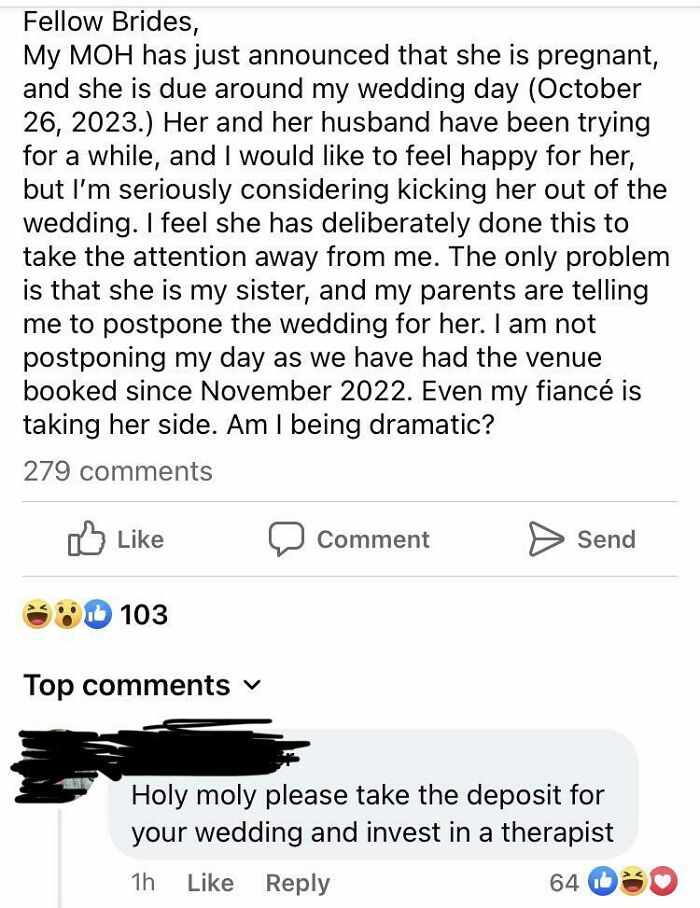 A screenshot of a post from a bride-to-be contemplating kicking her pregnant MOH out of the wedding party.