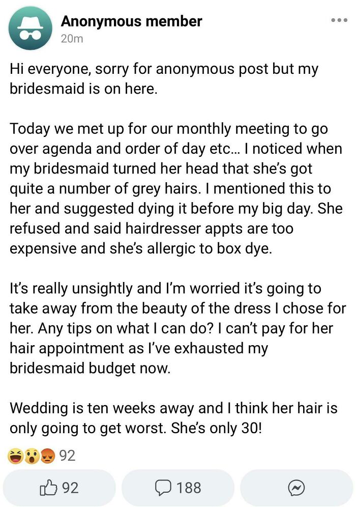 A screenshot of a post from an anonymous member discussing a bridesmaid's grey hair and the impact on the wedding day.