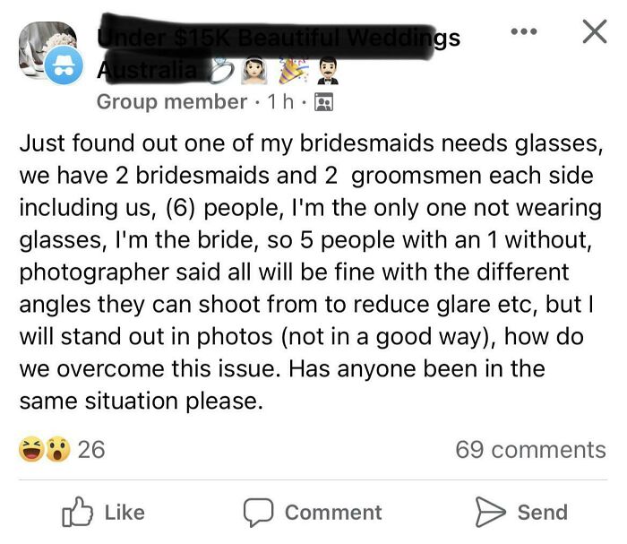 A social media post from a bride complaining about bridesmaids wearing glasses and how it will affect wedding day photos.