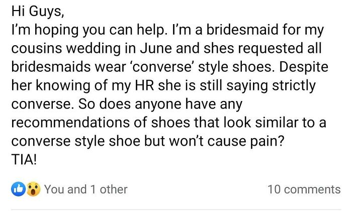 A social media post from a bridesmaid asking for comfortable shoe recommendations for a wedding where the bride requires Converse-style shoes.