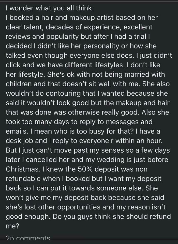 A social media post shows a bride upset over a cancelled hair and makeup artist, demanding a non-refundable deposit back for her wedding.