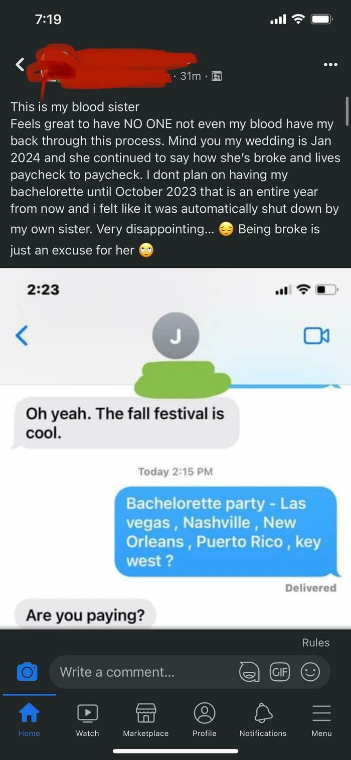 A social media post details a demanding wedding day plan for a bachelorette party, highlighting a bride's challenging expectations.