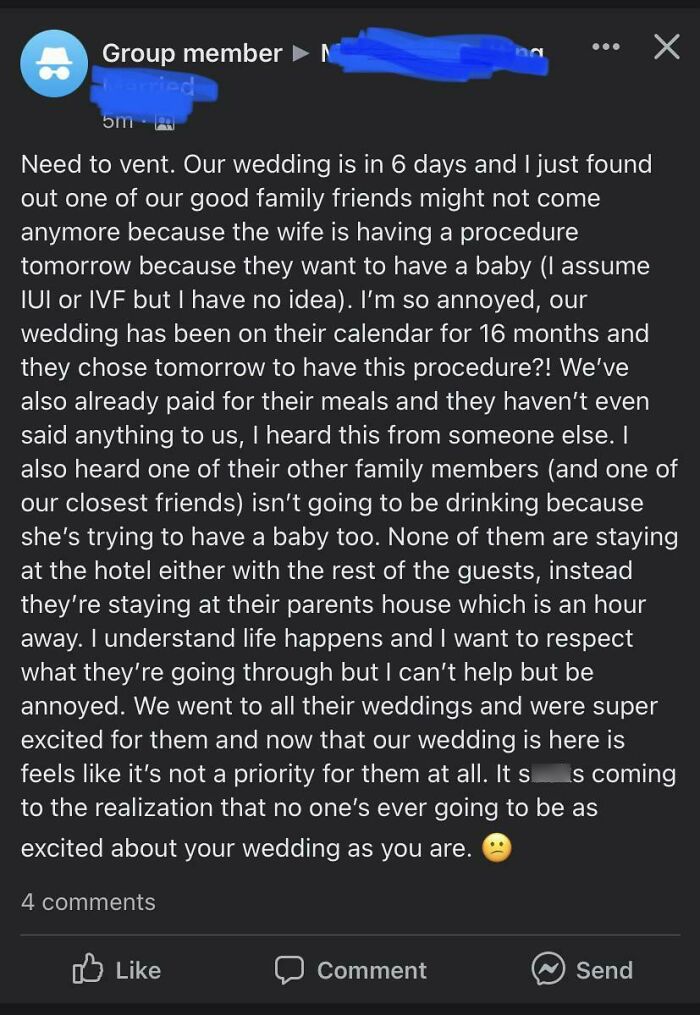 A screenshot of a bride's vent about friends prioritizing IVF over her wedding day, causing drama and making it a nightmare.