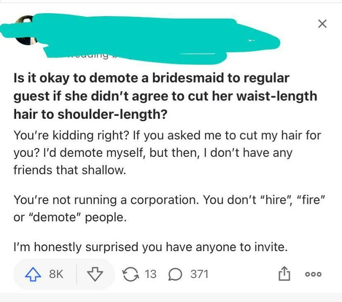 A screenshot of a post discussing demoting a bridesmaid for refusing a haircut, highlighting a bride's wedding day demands.