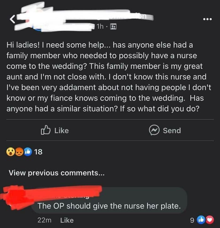 A social media post from a bride-to-be, creating a wedding day nightmare by asking for advice about having a nurse for a family member at her wedding.