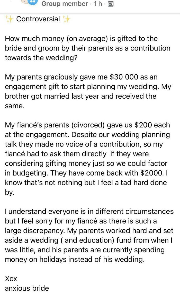A post by an anxious bride sharing her wedding day nightmare about a significant financial discrepancy in wedding contributions from parents.