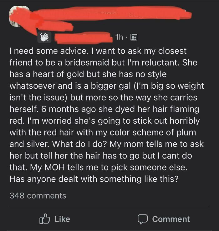 A social media post from a bride-to-be, creating a wedding day nightmare by agonizing over her friend's red hair clashing with her wedding colors.