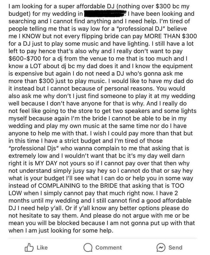 A Reddit post from a bride-to-be seeking advice for an affordable DJ for her wedding day, facing budget constraints.