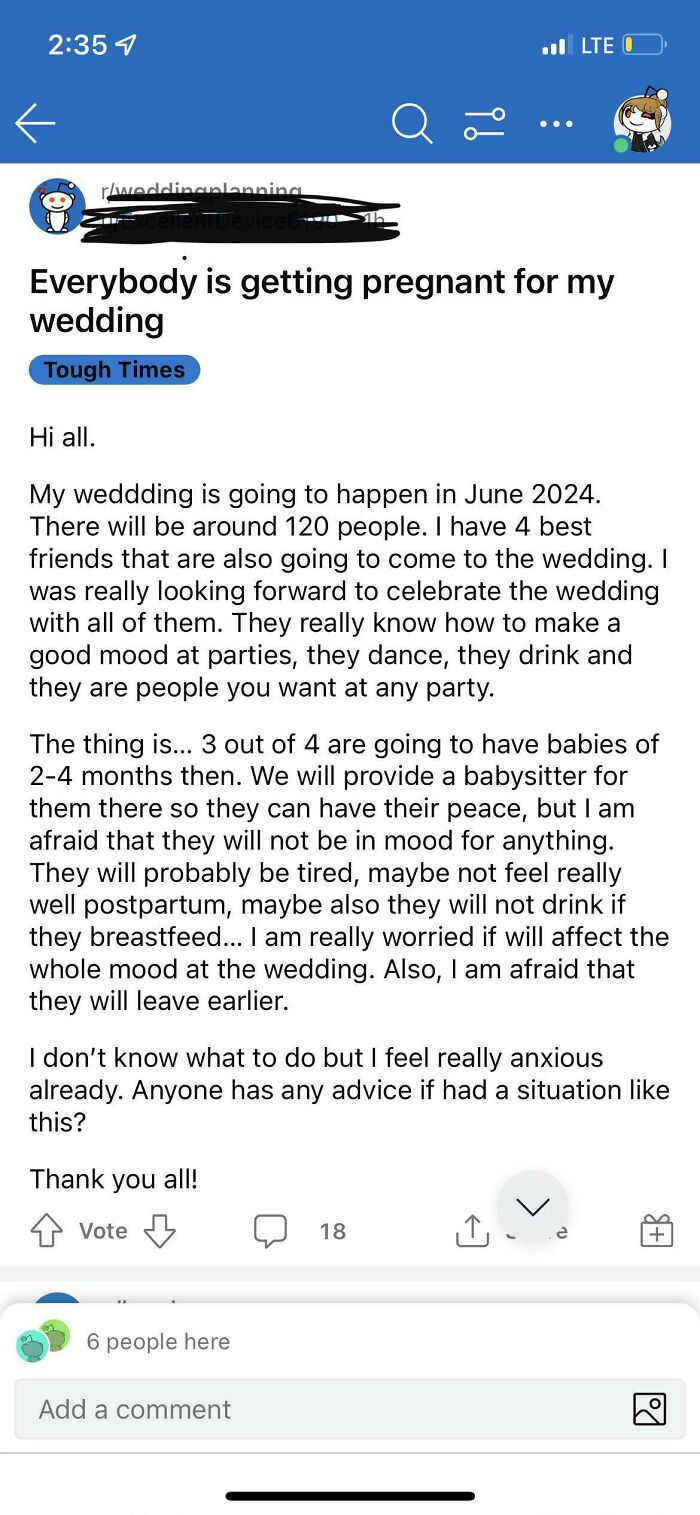 A Reddit post about a bride concerned her wedding day will be a nightmare due to pregnant bridesmaids.