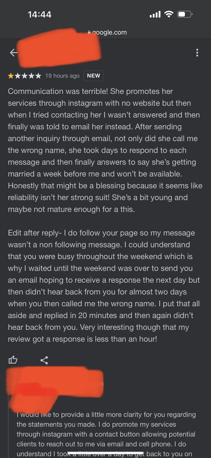 A terrible review of a wedding vendor's communication and service, creating a nightmare wedding day experience.