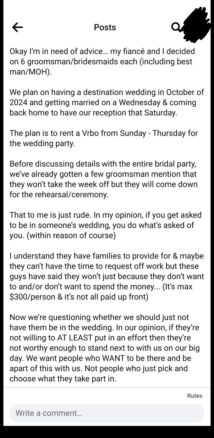 A post from a bride seeking advice on bridesmaids and groomsmen attendance for a destination wedding, creating a wedding day nightmare.