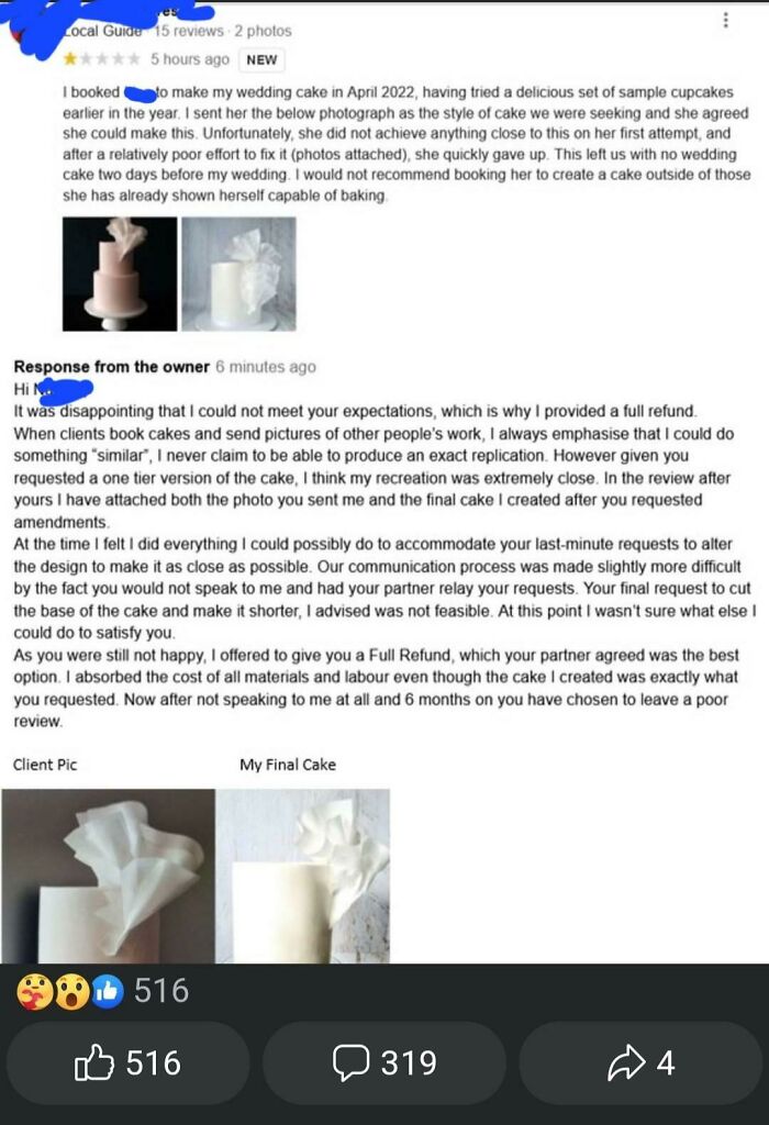 A detailed review about a terrible wedding cake experience, showing client and final cake images, highlighting a nightmare wedding day.