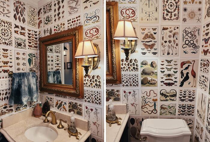 A small bathroom transformed with a brilliant DIY home project using patterned wallpaper featuring nature motifs.