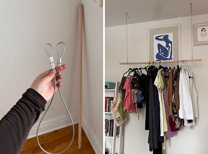 A brilliant DIY home project of a hanging clothes rack, an example of transforming a space on a small budget.