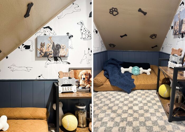 Before and after a brilliant DIY home project transforming an attic space into a dog nook with a comfy bed and dog-themed decor.
