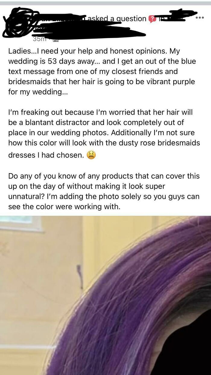 A bride asks for advice on covering her bridesmaid's vibrant purple hair for her wedding day photos.