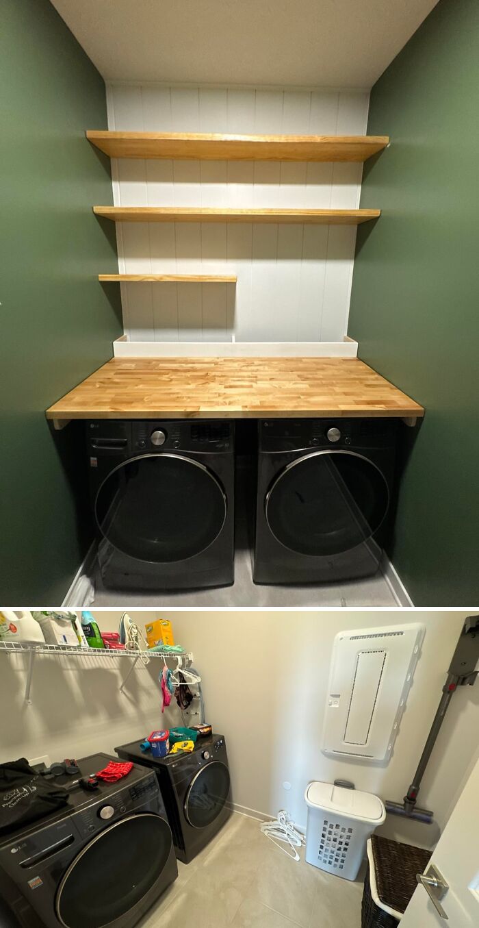 Before and after DIY home project of a laundry room, upgraded with a butcher block counter and new shelving for organization.