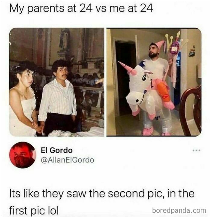 A split meme comparing parents at 24 looking serious at their wedding and a man at 24 riding an inflatable unicorn, for hilarious memes.