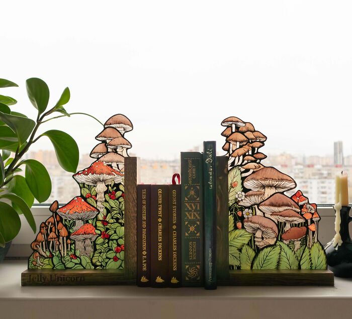 Whimsical mushroom-shaped bookends, a brilliant DIY home project, elegantly transforming a space with a touch of nature.