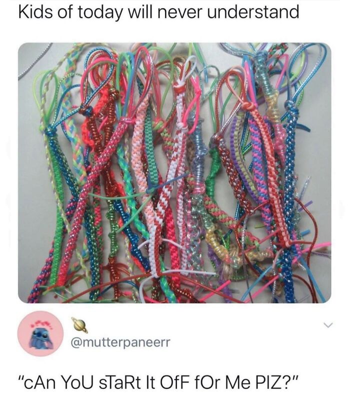 A collection of colorful braided friendship bracelets, a hilarious meme reminding of childhood crafts and good moods.