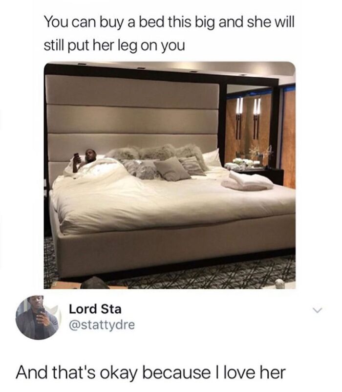 A hilarious meme of a person on a giant bed, highlighting a relatable partner habit for good mood nights.