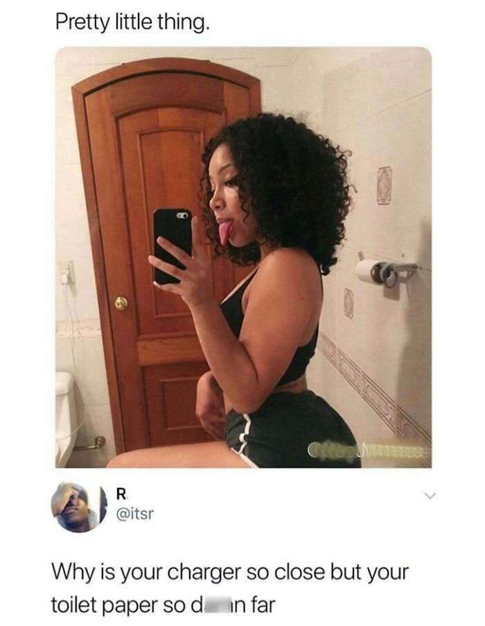 A humorous meme featuring a woman taking a mirror selfie in a bathroom, with a caption about toilet paper being far away, providing a good mood tonight.