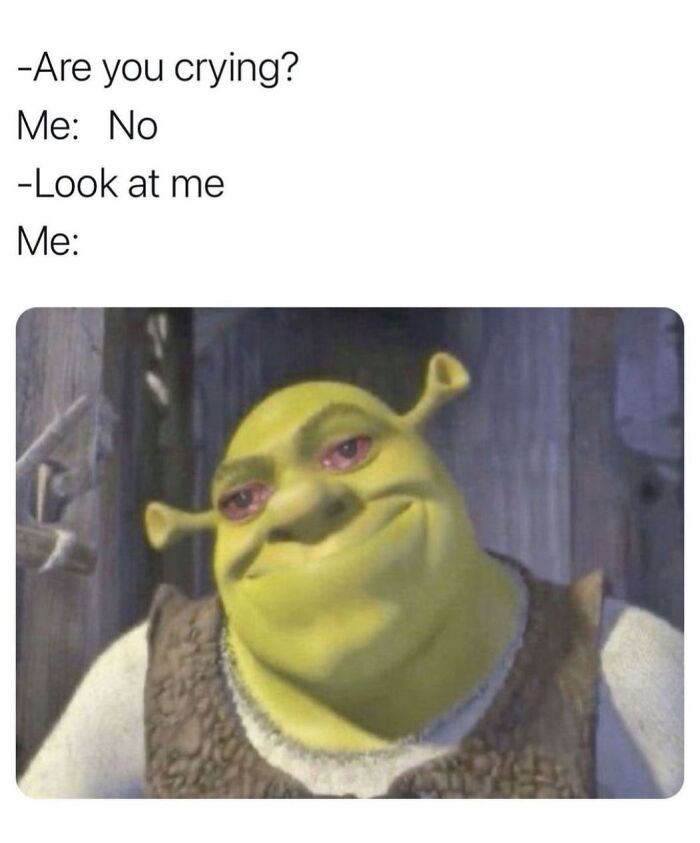 Shrek with red eyes, looking up and smiling sheepishly, illustrating a hilarious meme.
