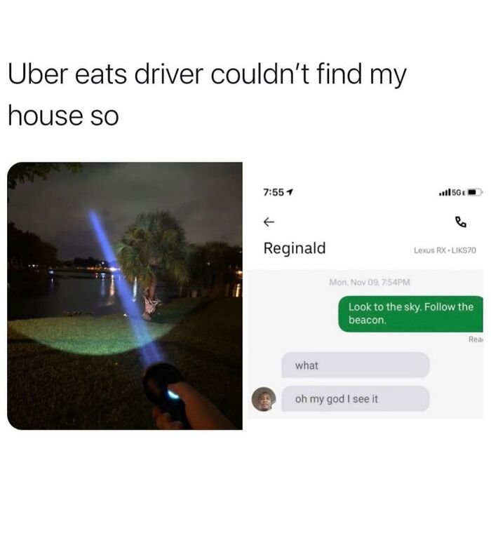 A person shines a bright blue flashlight beam into the night sky, with texts about an Uber Eats driver, a hilarious meme.
