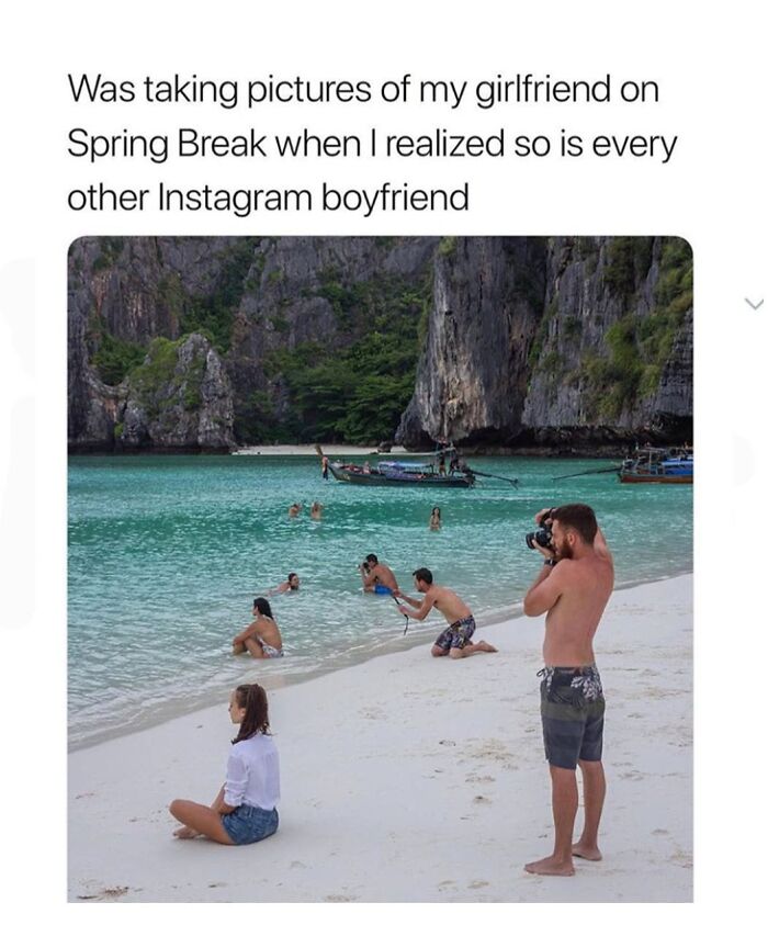 A man taking a photo of a woman on a beach, realizing he is one of many Instagram boyfriends, a hilarious meme.
