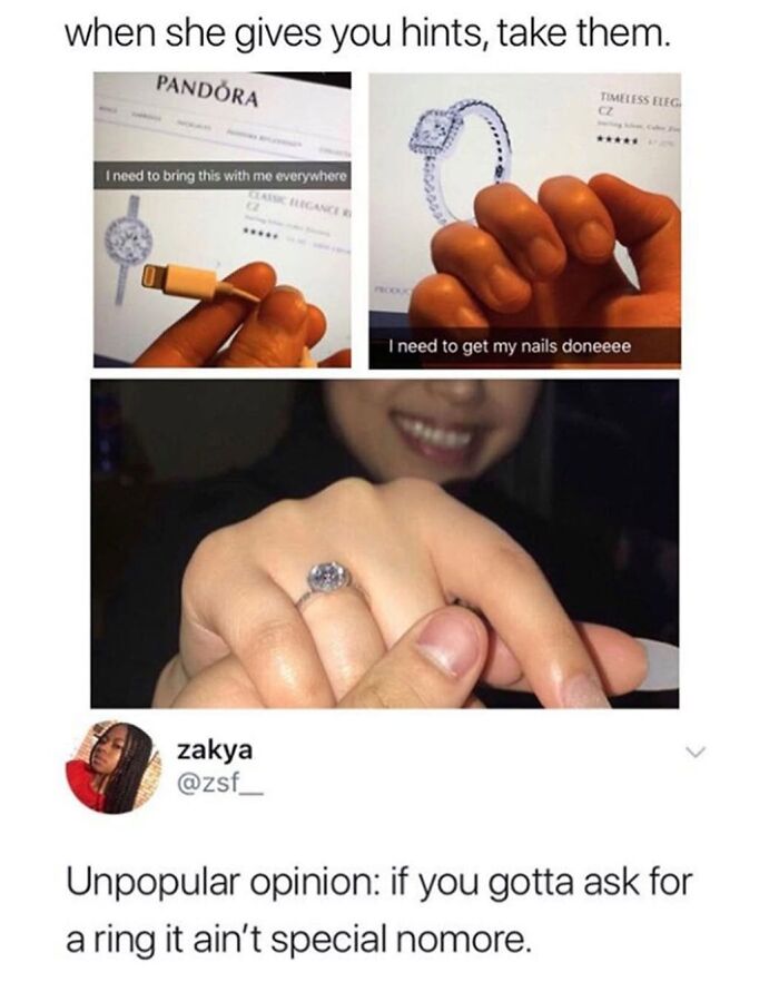 A meme about a woman giving hints for a Pandora ring, with a comment on asking for a ring, inspiring a good mood tonight.