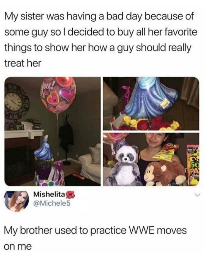 A funny meme featuring pictures of gifts for a sister, including balloons and stuffed animals, to cheer her up, among hilarious memes.