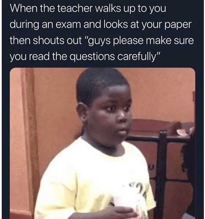 Hilarious meme of a surprised child, depicting the relatable moment a teacher comments during an exam.