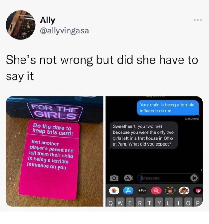 A funny meme with a text exchange about a child being a terrible influence, a hilarious meme to put you in a good mood.