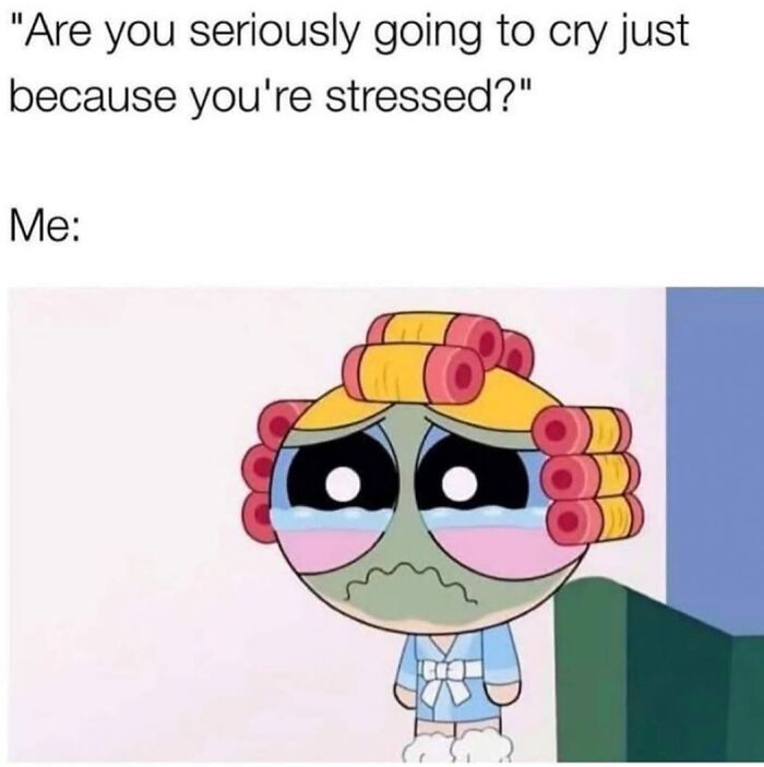 A funny meme of a cartoon character crying, illustrating the stress that leads to going to bed in a good mood.