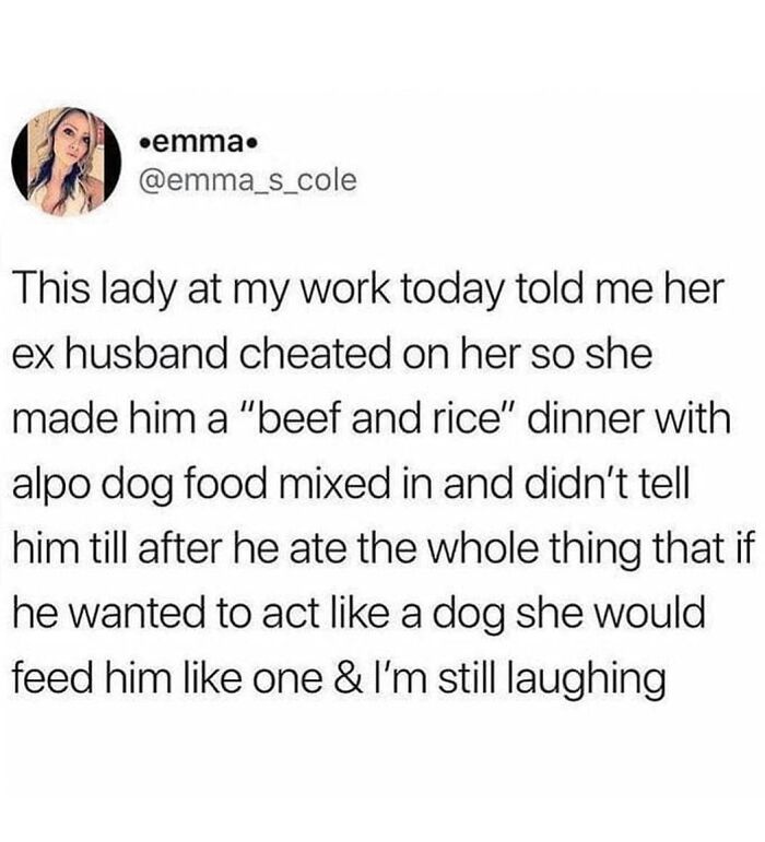A tweet describing a woman who fed her cheating ex-husband dog food mixed into his dinner as a form of revenge. Hilarious memes.