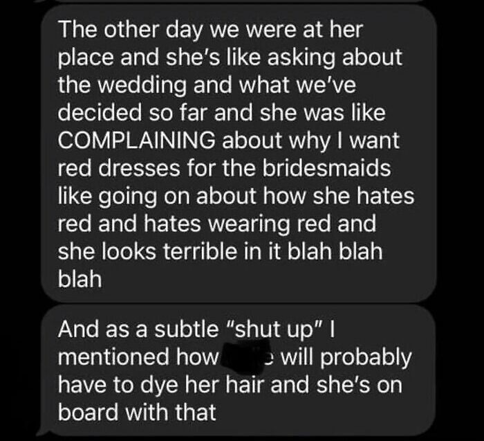 A text message conversation where a bride complains about a bridesmaid's dislike of red dresses for the wedding.