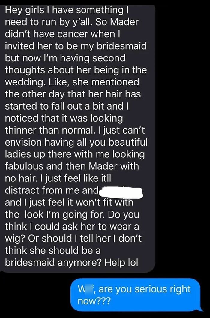 A text message conversation where a bride expresses wanting to remove a bridesmaid due to her hair loss.