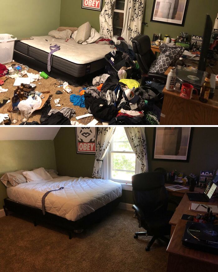 A before-and-after image of a male living space, showing a messy bedroom transformed into a clean, organized room.